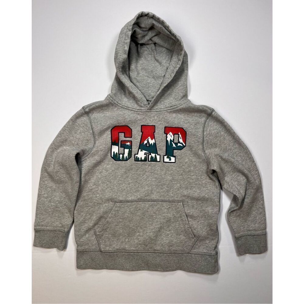 Gap Arch Logo Hoodie w Pocket Mountain Snow Cap Trees Grey Boys Medium Size 10